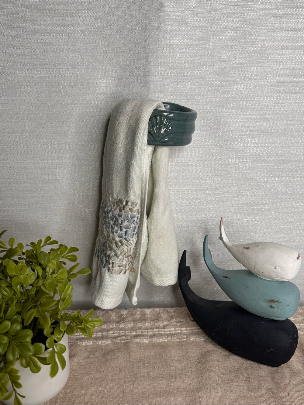 Vintage Teal Ceramic Wall Mount Towel Holder with Shell Motif
